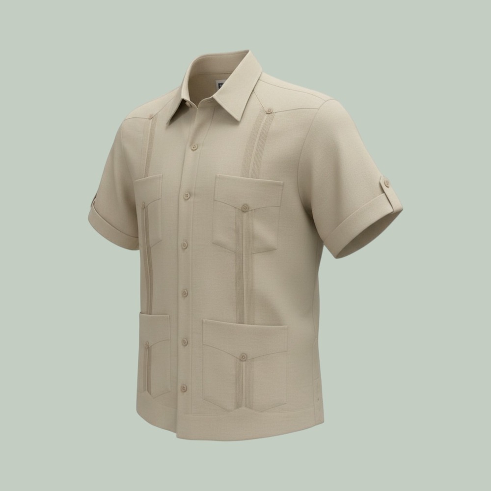 Ramon Puig Guayabera Shirt Large Short Beige Linen Short Sleeve Cuban Shirt
